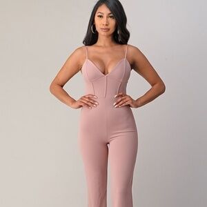 Women's Cherry Mellow V-Neck Sleeveless Straight Legged Barbie Pink Jumpsuit